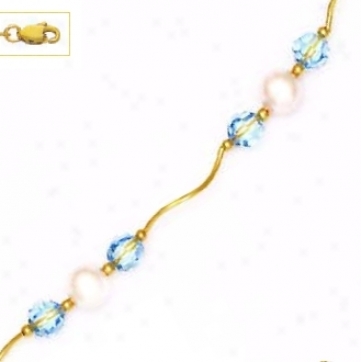 14k 6 Mm Blue Crystal And 7 Mm White Crystal Pearl Necklace -