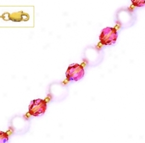 14k 6 Mm Crysta And 7 Mm Light-rose Crystal Drop Necklace -