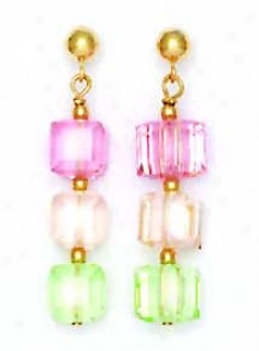 14k 6 Mm Cube Light Pink Cream And Green Crystal Earrings