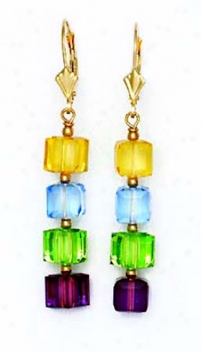 14k 6 Mm Cube Yellow Blue Green And Purple Crystal Earrings