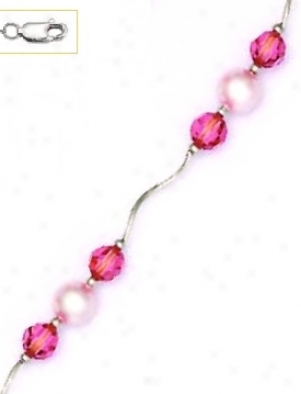 14k 6 Mm Pink Crystal And 7 Mm White Crystal Jewel Necklace -