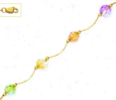 14k 6 Mm Round Cream Peach Purple And Green Crystwl Necklace