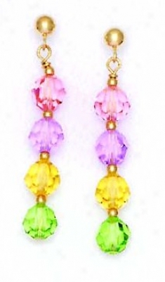 14k 6 Mm Round Pink Purple Yellow And Green Crystal Earrings