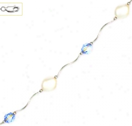 14k 6mm Blue Crystal And 9x8mm Curved Crystal Pearl Necklace