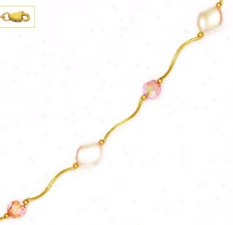 14k 6mm Pink Crystal And 9x8mm Curved Crystal Pearl Necklace
