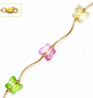 14k 8 Mm Butter fly CreamG reen And Pink Crystal Necklace