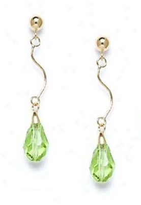 14k 9x6 Mm Briolette Chrysolite-green Crystal Earrings