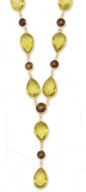 14k Bezel Pear-shaped Lariat Lemon Qiartz Necklace - 17 Inch