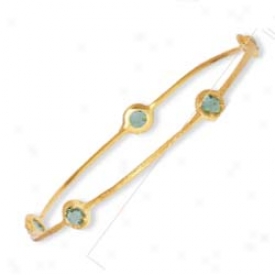 14k Bezel-set Round Slip-on Green Amethyst Bangle - 8 Inch