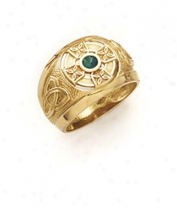 14k Celtic Cross Synthetic Emerald Mens Ring