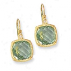 14k Cushion Cut Framed Leverback Green Amethya Earrings