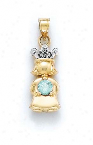 14k Diamond & Aquamarine-blue Birthstone Princess Hanging appendage