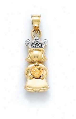 14k Diamond & Citrine-yellow Birthstone Princess Pendant