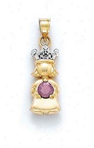 14k Diamond & Rhodolite-pink Birthstone Princess Pendant