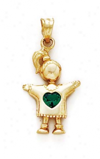 14k Emerald-green Heart Birthstone Girl Pendant 1 1/8 Inch