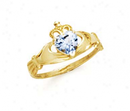 14k Heart Aquamarine-blue Birthstone Claddagh Ring