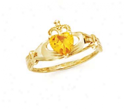 14k Heart Citrine-yellow Birthstone Claddagh Ring