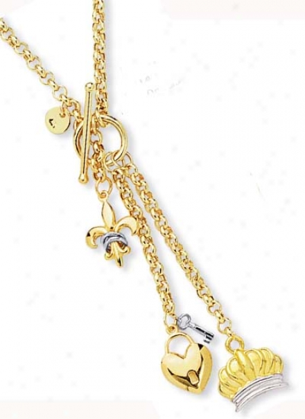 14k Heart Key Crown Fleur De Lis Toggle Necklace - 17 Inch