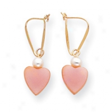 14k Pink Shell Heart Cultured Pearl Dangle Wire Earrings