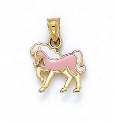 14k Pink White Enamel Horse Pendant