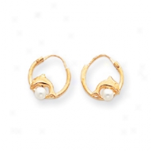 14k Burnished Cultured Pearl And Dolphin Hoop Earrings