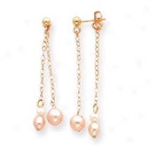 14k Post Double Chain Pink Pearl Earrings