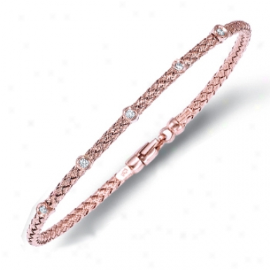 14k Rose Weaved Bangle Diamond Bracelet - 7.25 Inch