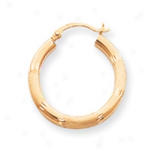 14k Satin And Diamond-cut 3mm Round Hoop Earrings