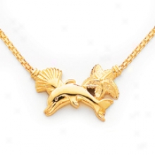 14k Solid Open-back Dolphin Shells Necklace - 17 Inxh