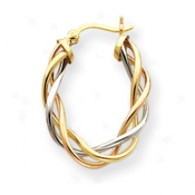 14k Tri-color Classic 4mm Twisted Oval Hoop Earrings