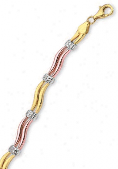14k Tricolor Diamond-cut Fancy Bracelet - 7.52 Inch