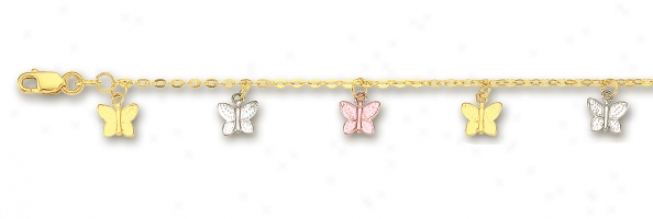 14k Tricolor Drop Butterfly Sgation Anklet - 10 Inch
