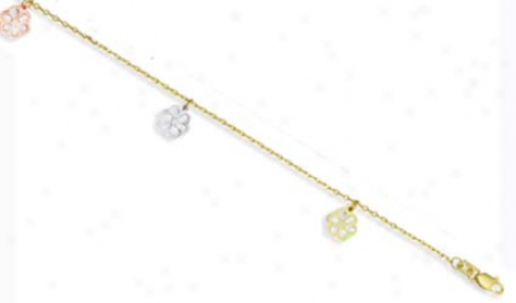 14k Tricolor Drop Flower Design Anklet - 10 Inch