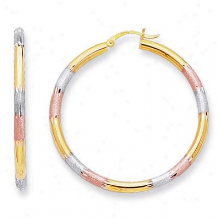 14k Tricolor Medium Fancy Design Hoop Earrings