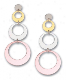 14k Tricolor Triple Circles Drop Earrings