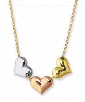 14k Tricolor Triple Heart Necklace - 17 Inch