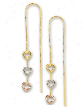 14k Tricolor Triple Heart Shaped Threader Earrigns