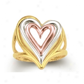 14k Tricolor Triple Open Heart Shaped Ring