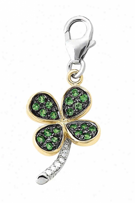 14k Two-tone Clover Leaf Green Garnet And Diamond Charm