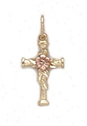 14k Two-tone Cross Pink Rose Pendant