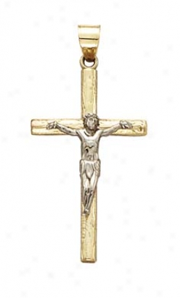 14k Two-tone Crucifix Wood Style Pendant