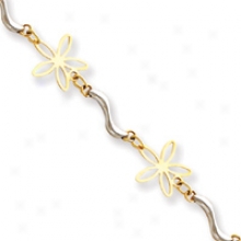 14k Two-tone Daisy Link Bracelet - 7.25 Inch