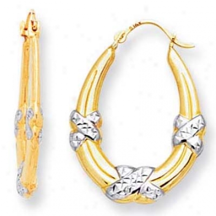 14k Two-tone Diamond-cut Oval X Hoop Earrings