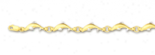 14k Two-tone Dolphin Station Anklet - 10 Inch