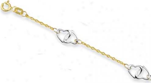 14k Two-tone Double Locked Hearrts Anklet - 10 Inch