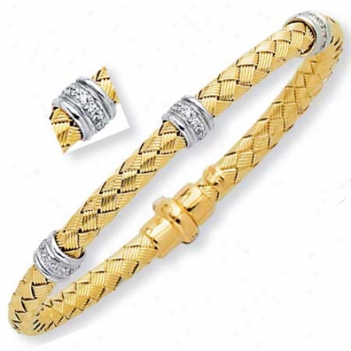 14k Two-tone Fancy Woven Design Station Bangle - 7.25 Inch