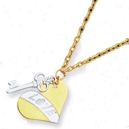 14k Two-tone Heart And Key Love Necklace - 17 Inch