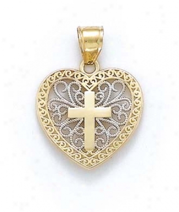 14k Two-tone Heart Cross Filigree Pendant