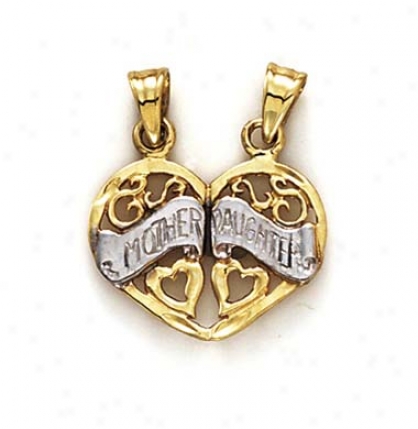 14k Two-tone Heart Mom And Daughter Pendant