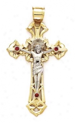 14k Two-tone Medium Crucifix Red Cz Pendant